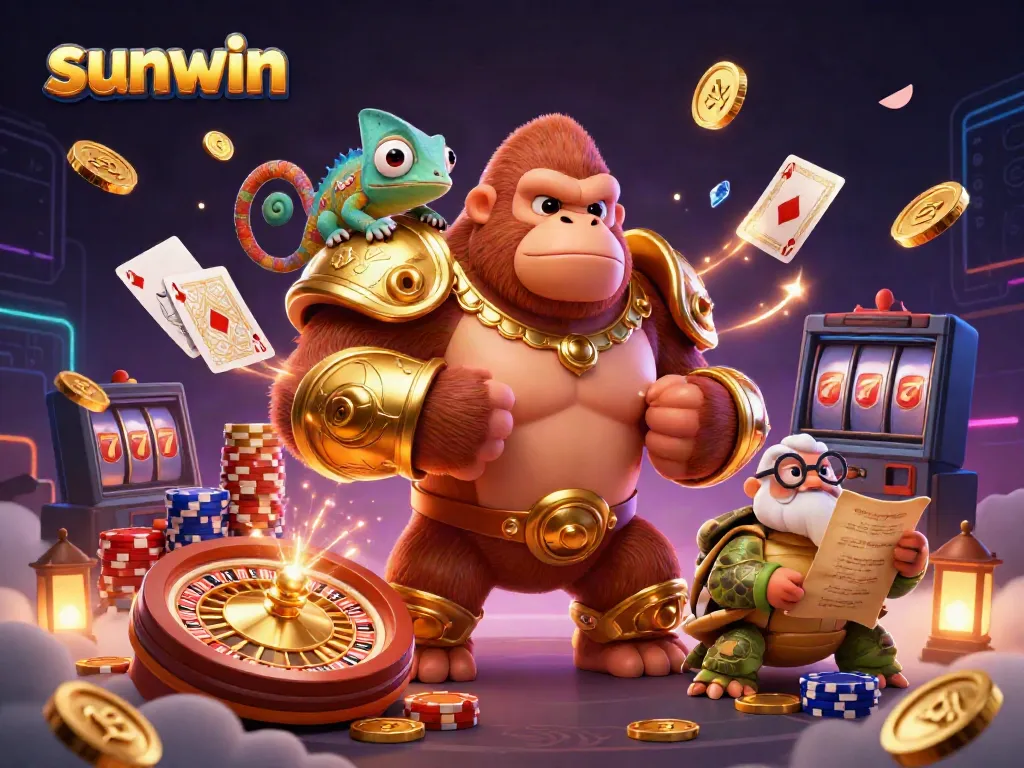 Experience thrilling gameplay at sunwin featuring a gorilla king, chameleon spy, and turtle elder in a vibrant casino.