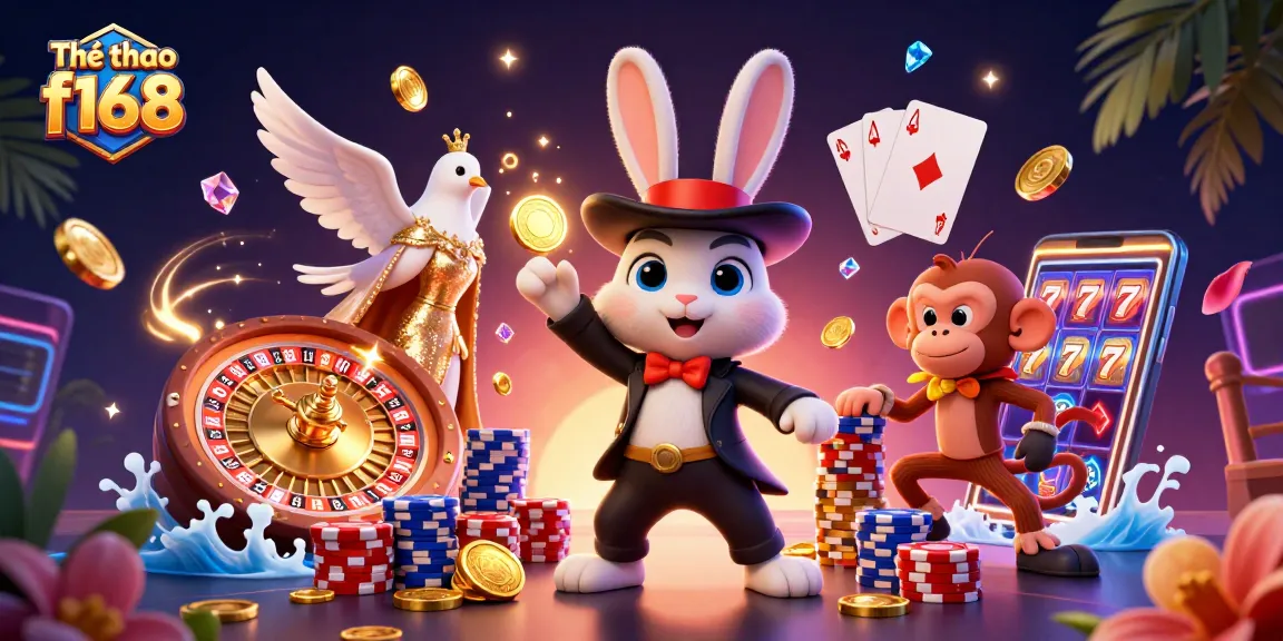 Engage in Thể thao f168 with a vibrant 3D casino scene showcasing a magician rabbit, fortune, and excitement.