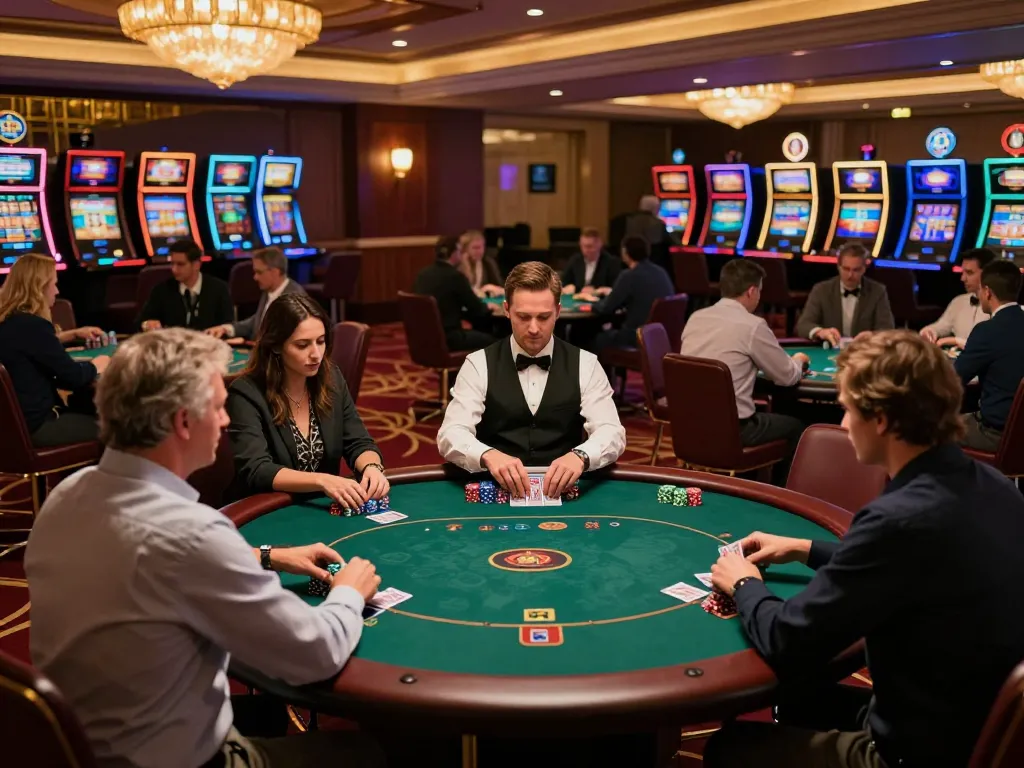 Players at 78winvina engaging in a poker game at an upscale casino, showcasing an exciting gambling atmosphere.