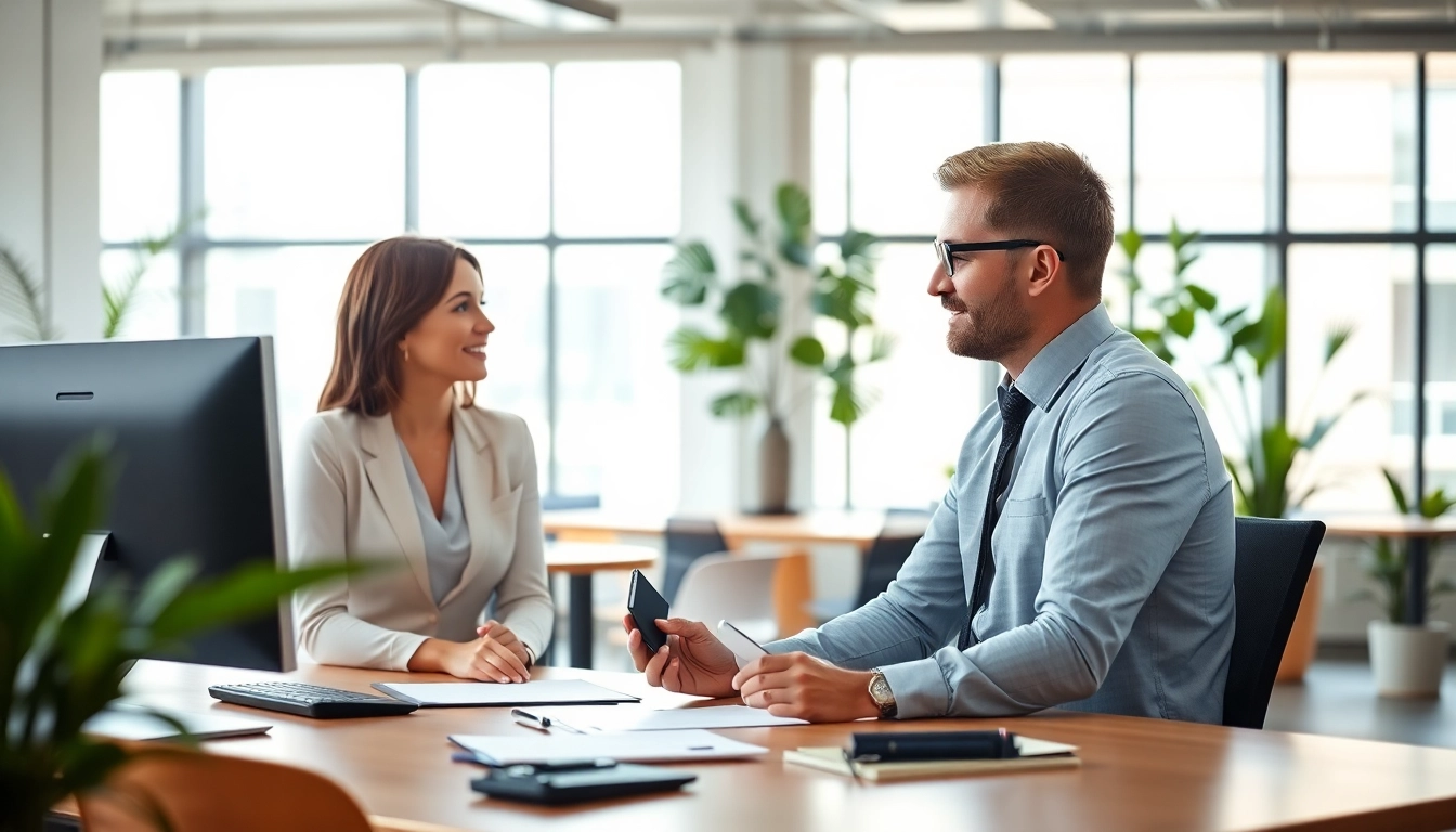 Headhunter IT in a modern office engaging with a candidate during a recruitment process.