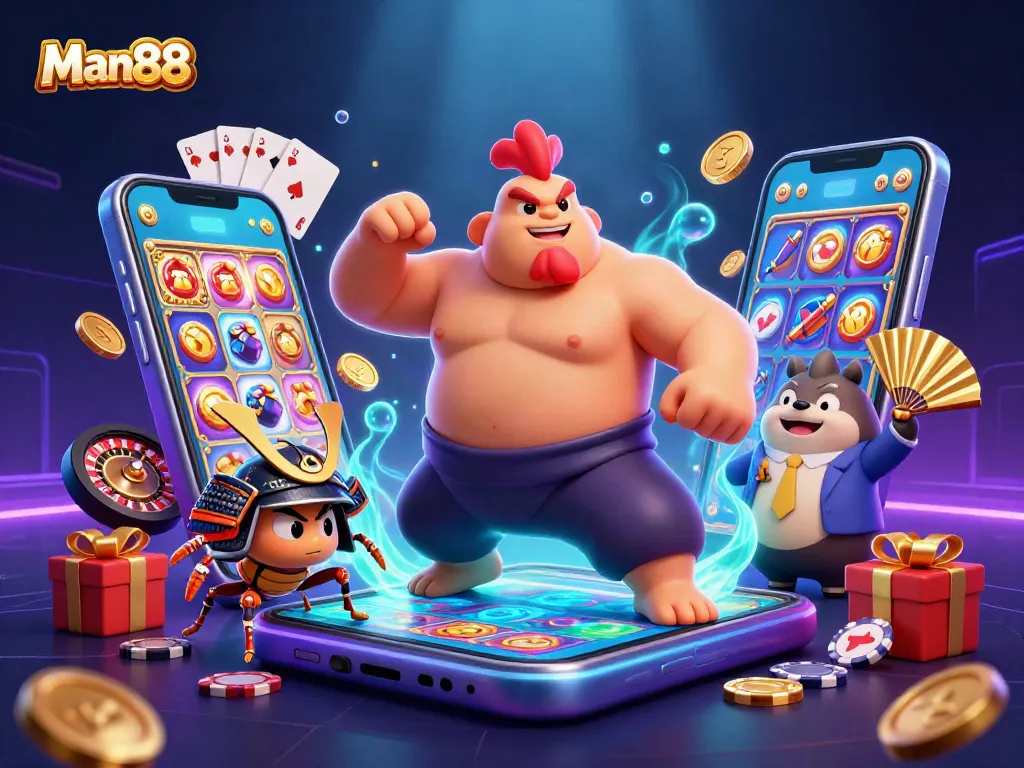 Engage in thrilling gameplay at Man88, featuring a vibrant 3D casino scene with dynamic characters and lively game elements.