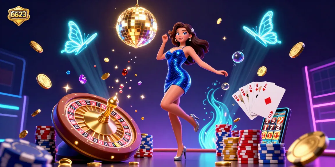 Engage with 6623's thrilling online casino experience featuring dancing stars, coins, and vibrant game elements.