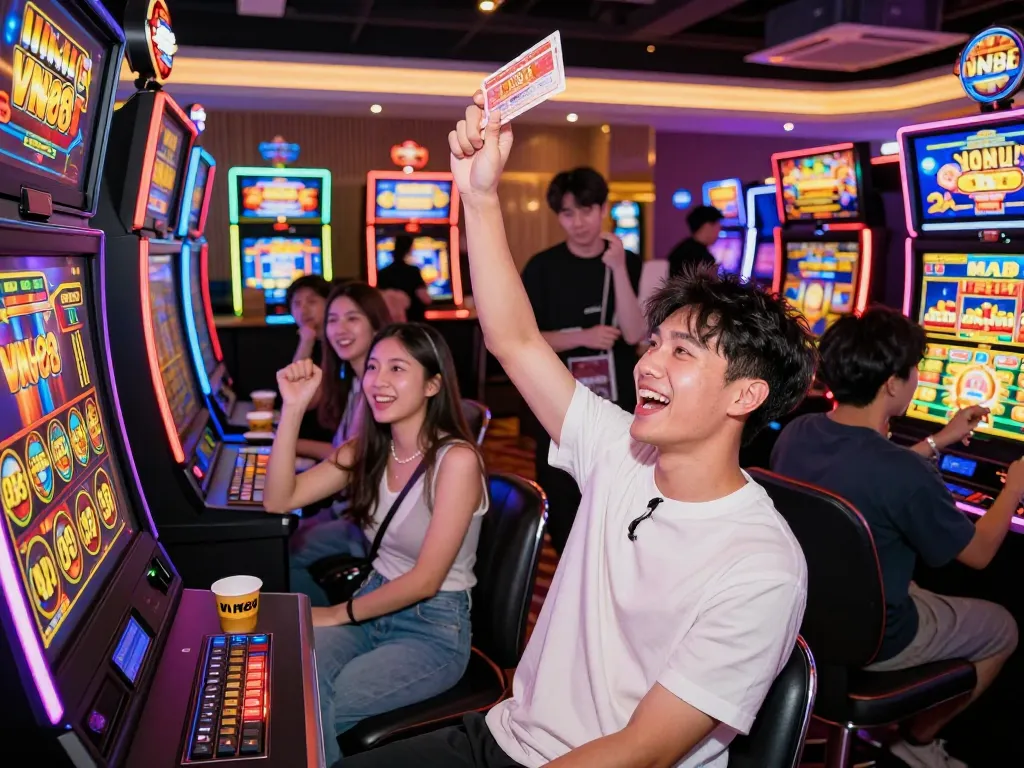 VN88 players celebrating a jackpot win in a lively casino environment.