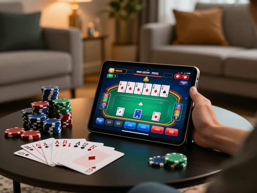 Engaging with 789betpa platform while analyzing poker strategies on a cozy home setup.