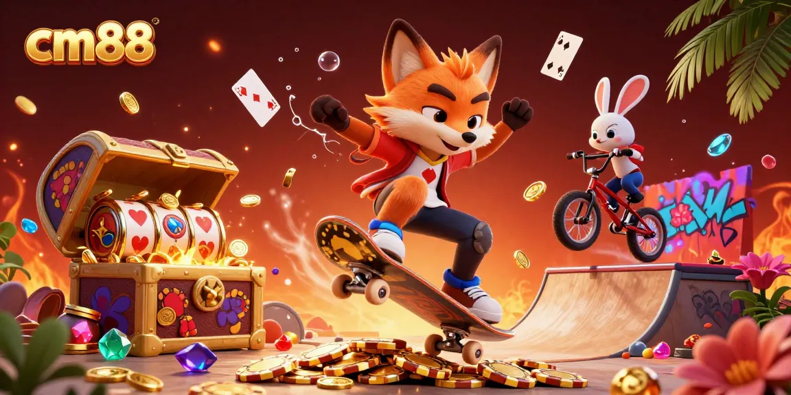 Experience thrilling action at cm88 with a skateboarder fox and BMX rabbit amidst vibrant casino elements.