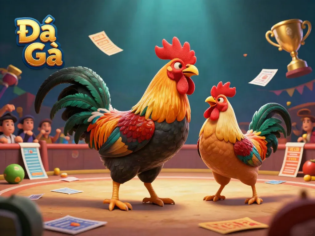 Experience the thrilling action of Đá Gà with roosters battling in a vibrant arena.