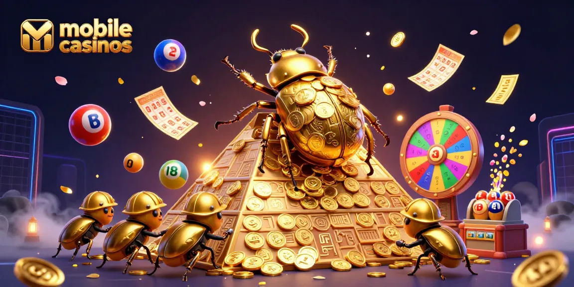 Engage with mobile casinos in an energetic 3D scene filled with vibrant gambling elements.