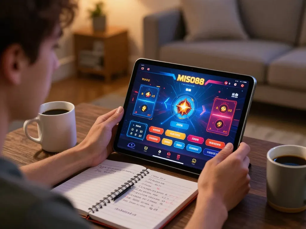 Miso88 player engaged in strategic online casino gaming, showcasing vibrant app action and cozy home ambiance.