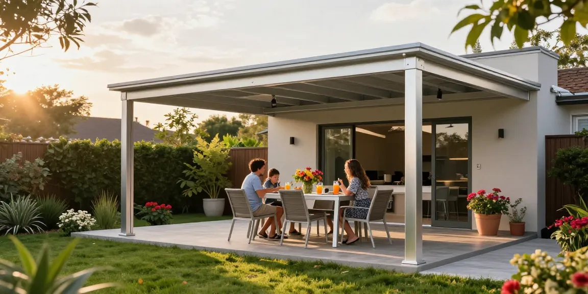 Freistehende Terrassenüberdachung mit Familie im Garten, modern und einladend.
