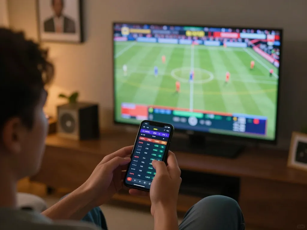 Individual placing a bet using the link F168 app while watching live sports in a cozy home setup.