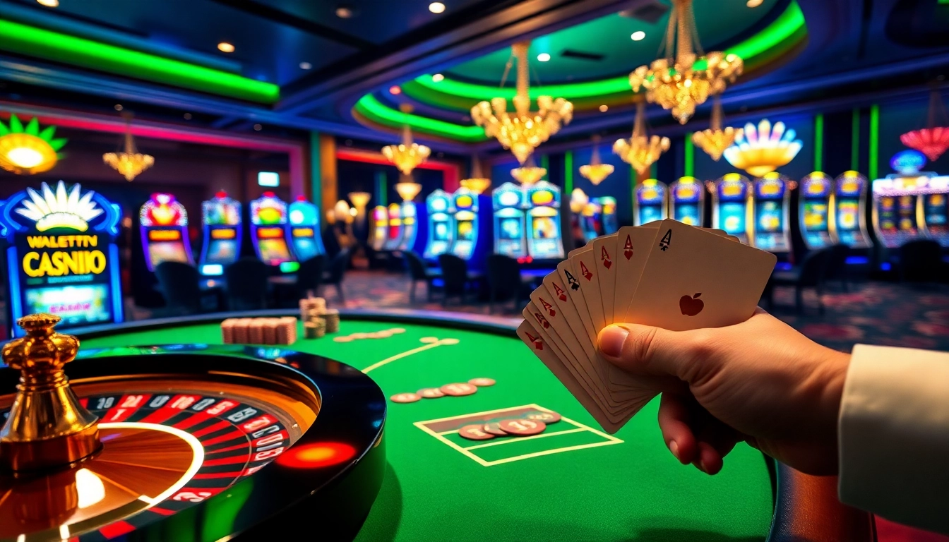 Experience the excitement of winning at 23win with a vibrant casino scene of poker tables and slot machines.