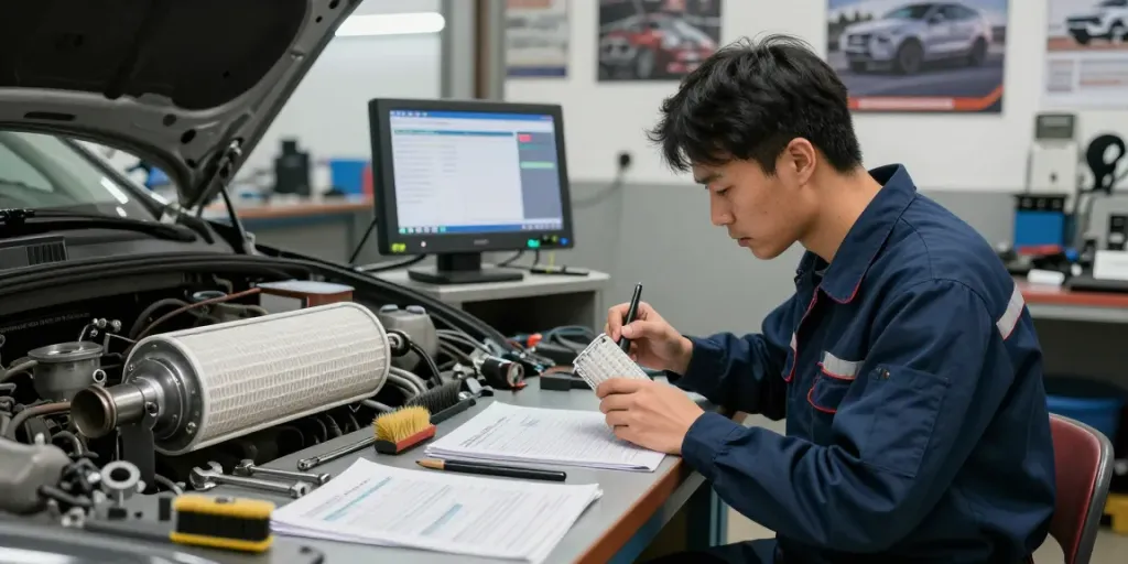 Techniker reinigt DPF in einer Werkstatt für DPF reinigen.