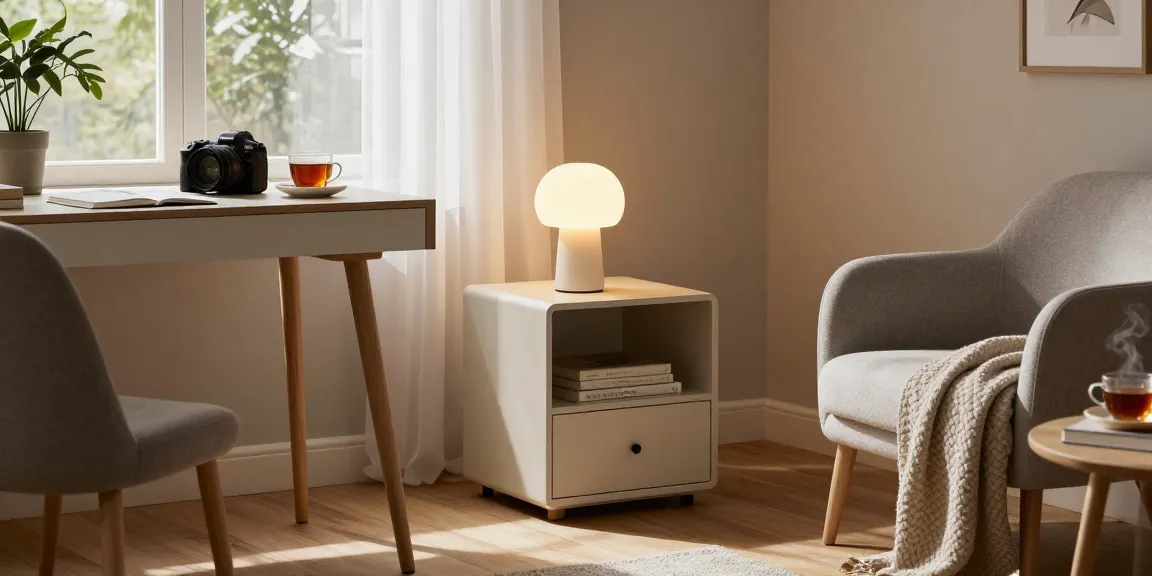 Stylische Nachttischlampe Skandinavisch, die ein gemütliches skandinavisches Interieur beleuchtet.
