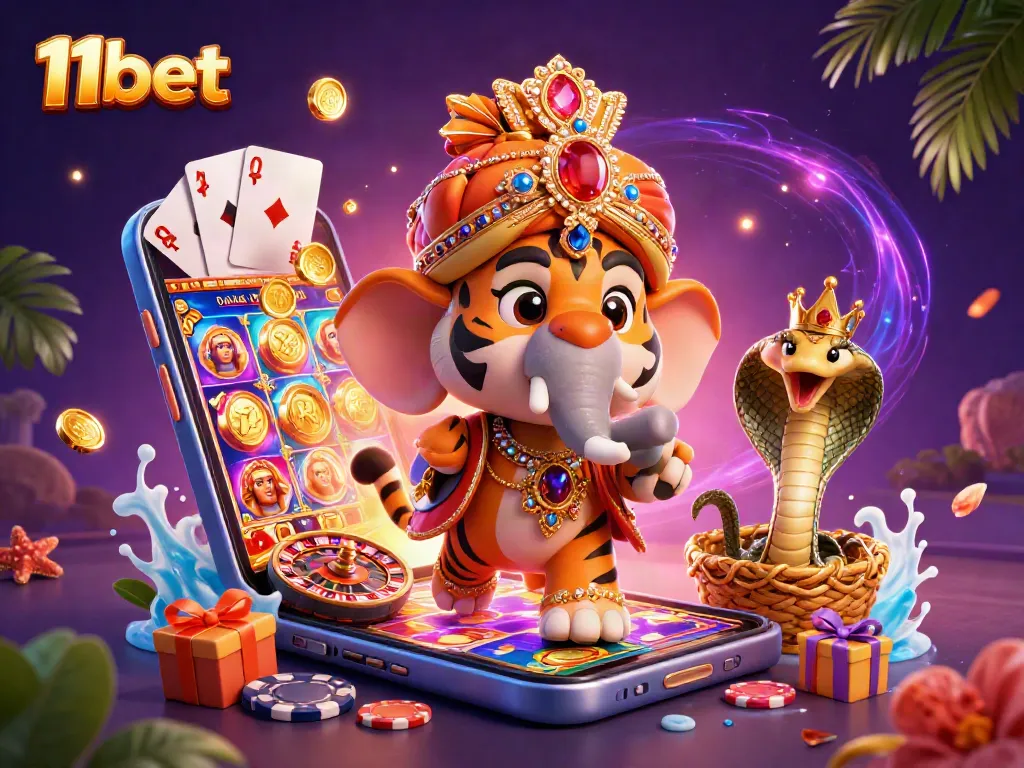Experience the excitement of 11bet with vibrant scenes of winning slots and casino elements.