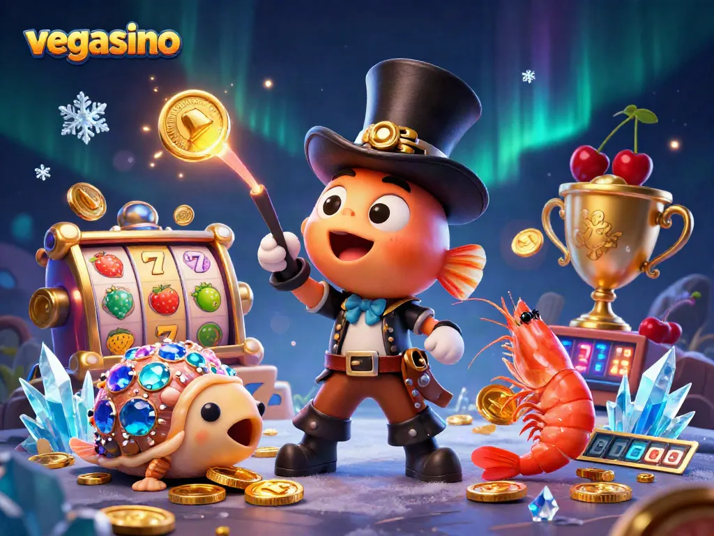 Experience exciting games at vegasino with vibrant illustrations featuring unique characters and casino elements.
