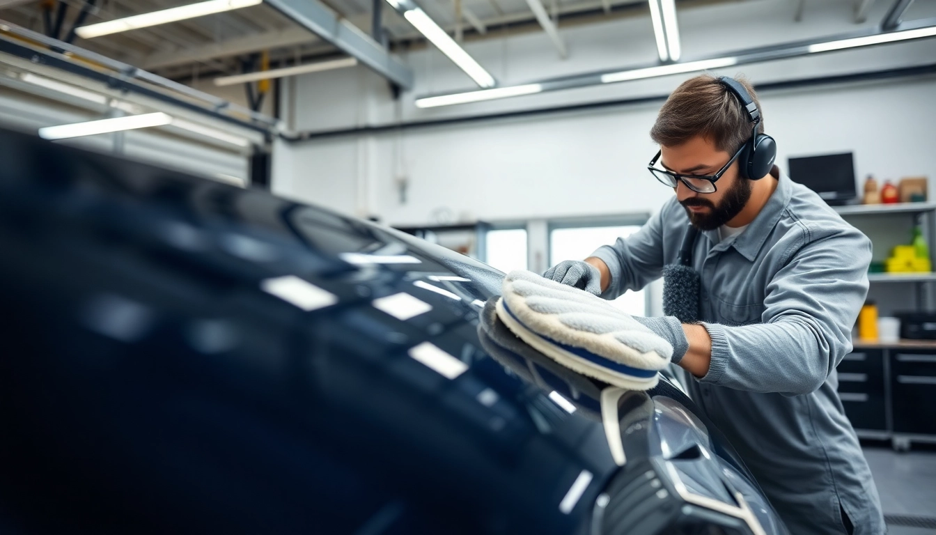 Fahrzeugaufbereitung in einem modernen Werkstattumfeld mit professionellem Techniker.