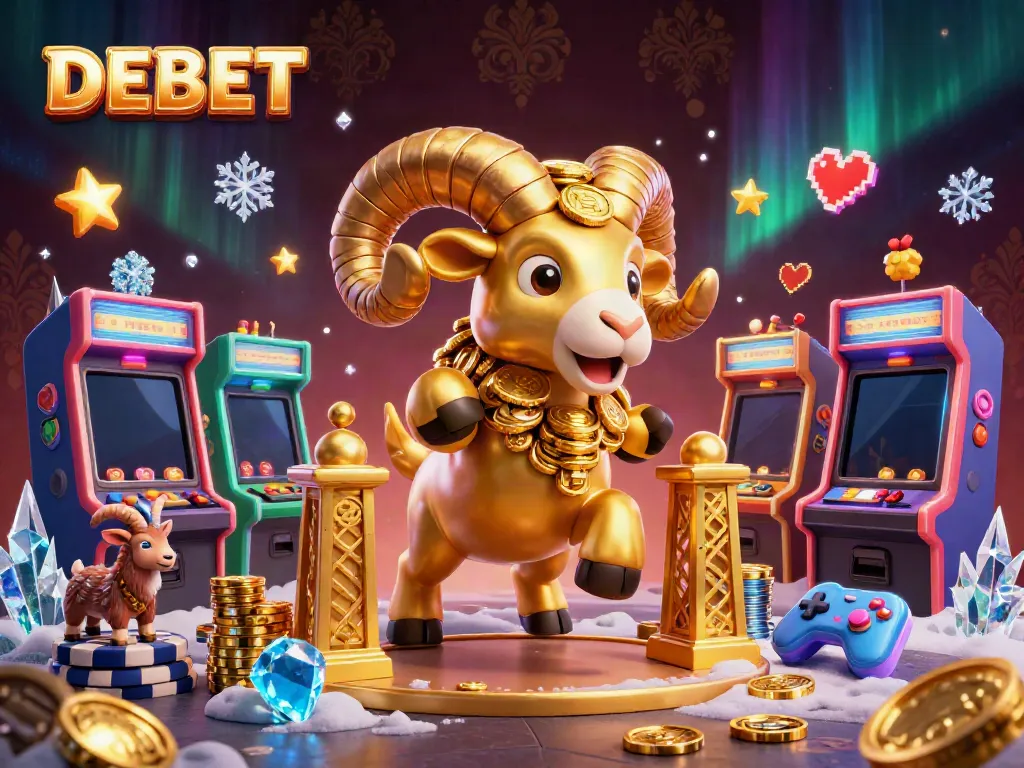 Experience DEBET’s dynamic slot gaming with a golden ram charging through colorful arcade elements.