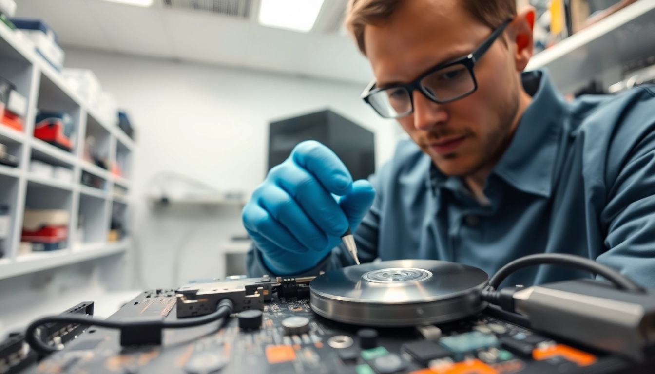 Datenrettung Festplatte Wien: Professional technician repairing a hard drive in a modern lab.
