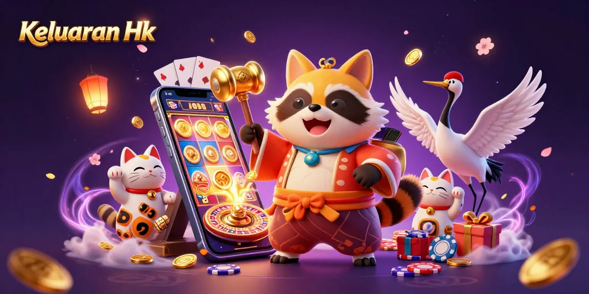 Engage with Keluaran Hk in this vibrant 3D illustration showcasing cheerful characters and dynamic casino elements.