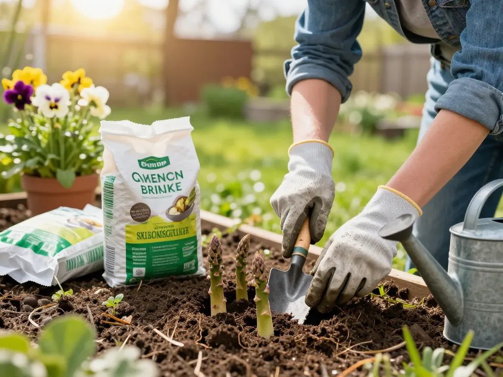 Gardener planting spargel pflanzen in a lush home garden.