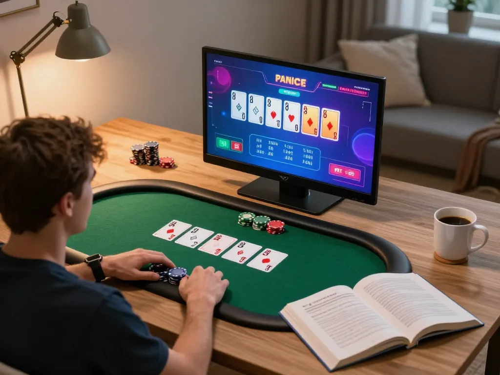Engaging player at 99win online poker game, showcasing strategy and focus in a comfortable home office.