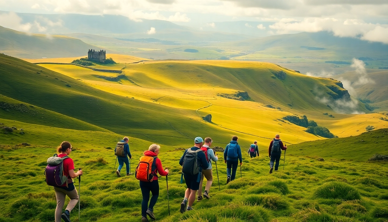 Erlebe die Schönheit beim wandern in Irland mit einer Gruppe begeisterter Wanderer in der grünen Landschaft.