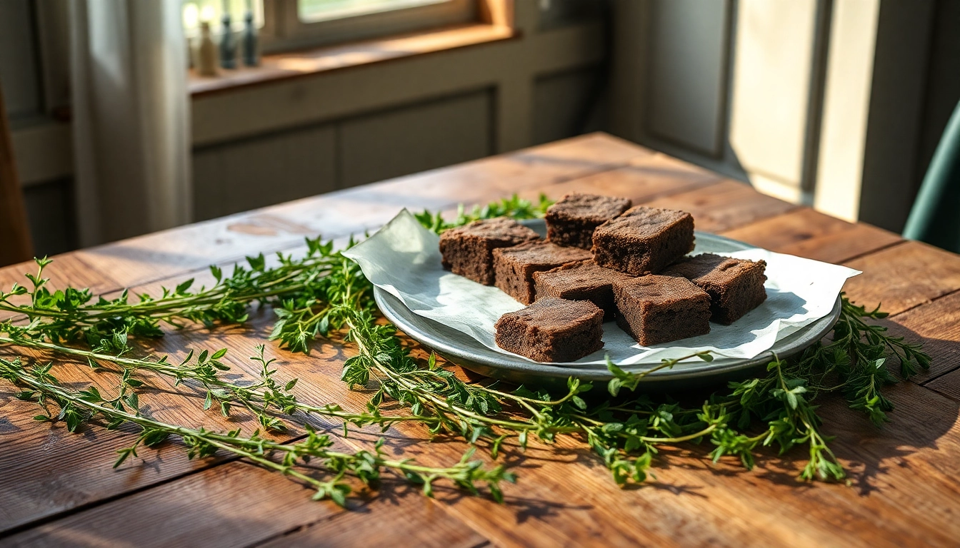 Leckere Hasch Brownies auf einem rustikalen Teller, frisch aus dem Ofen, umgeben von frischen Kräutern und grünem Hintergrund.