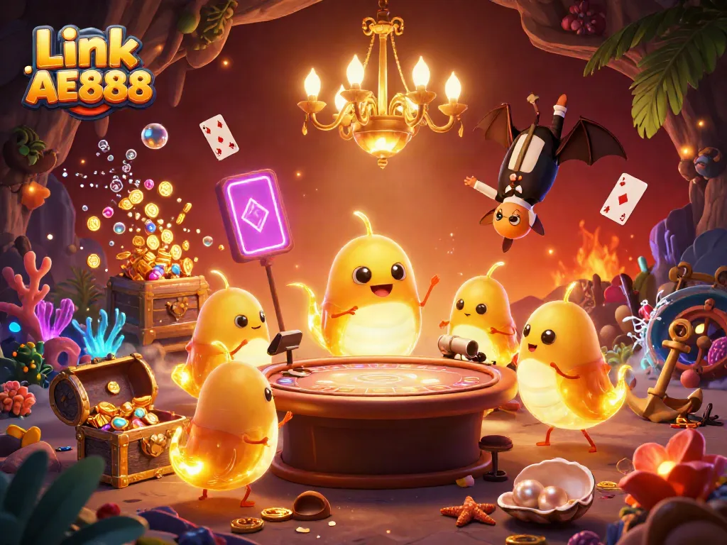 Experience the excitement of Link AE888 in this vibrant cave casino scene with glowworms and a bat dealer.