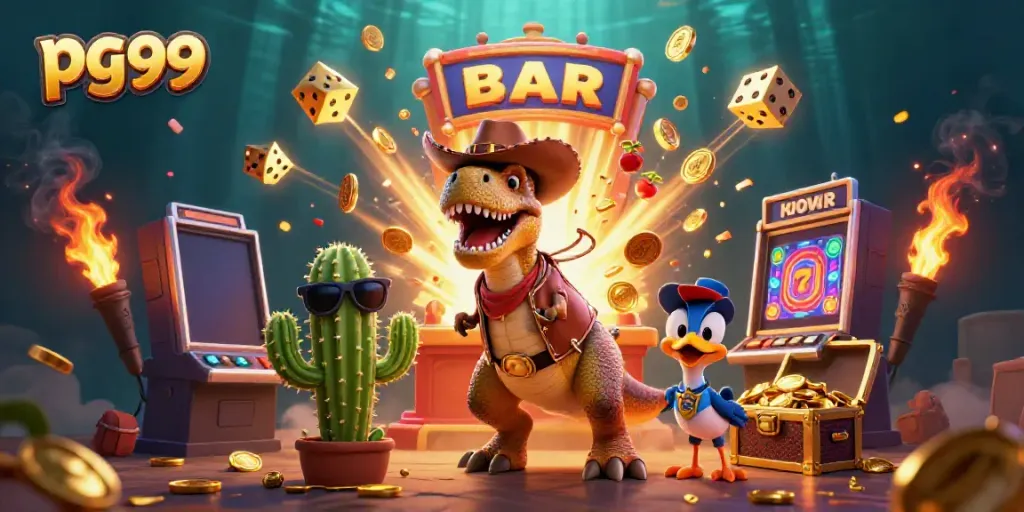 Engage in thrilling gameplay with pg99's dynamic 3D cartoon scene featuring slot machines and colorful casino elements.