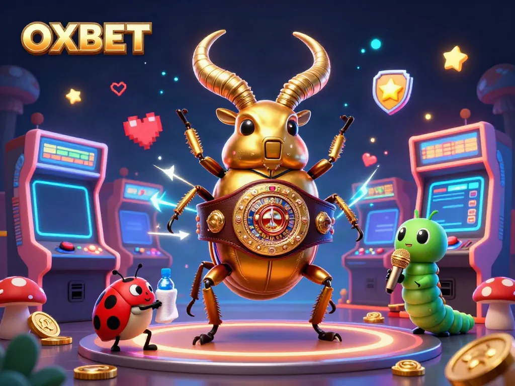 Experience vibrant gaming action with OXBET featuring a golden beetle and gaming elements.