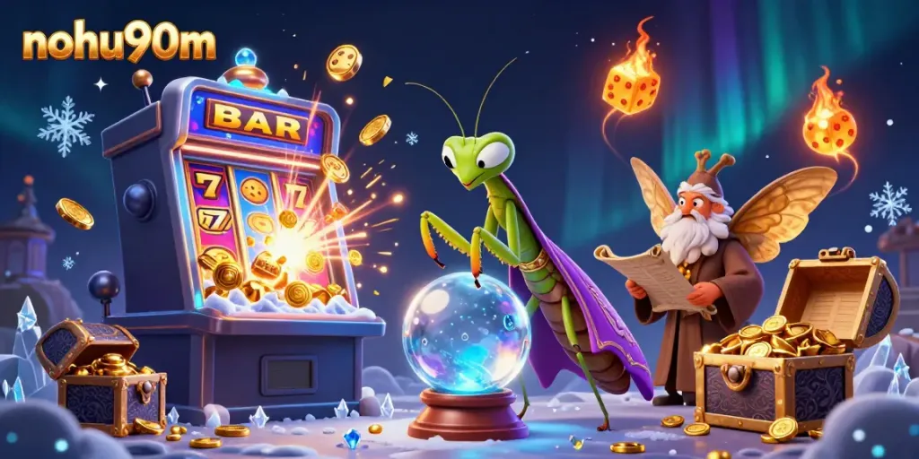 Experience the magic of nohu90m with a whimsical fortune teller, games, and vibrant casino elements.