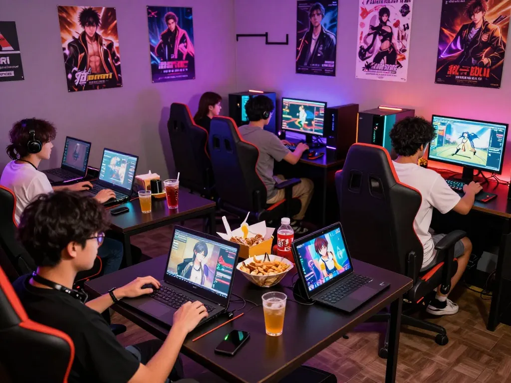 Players enjoying a porn game online in a vibrant game lounge, showcasing interactive titles and lively atmosphere.