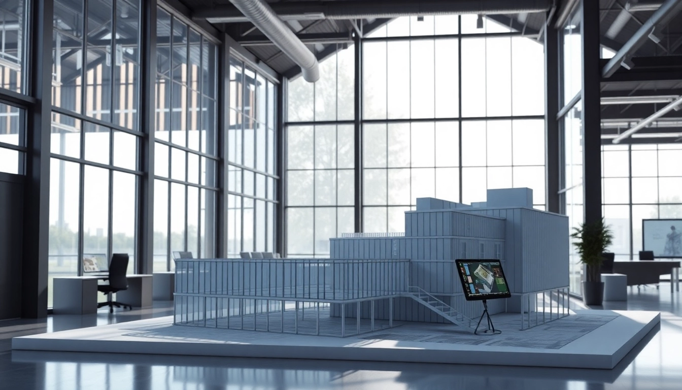 3D visualisierung eines architektonischen Modells in einem modernen Büro mit realistischen Texturen.