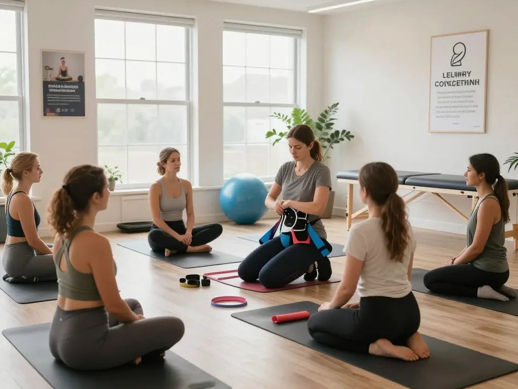 Pelvi-care.de pelvic floor therapy session showing diverse clients learning effective techniques in a bright studio.