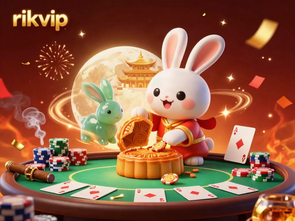 Experience the excitement of rikvip with a vibrant casino scene featuring poker chips, a moon rabbit, and celebratory elements.