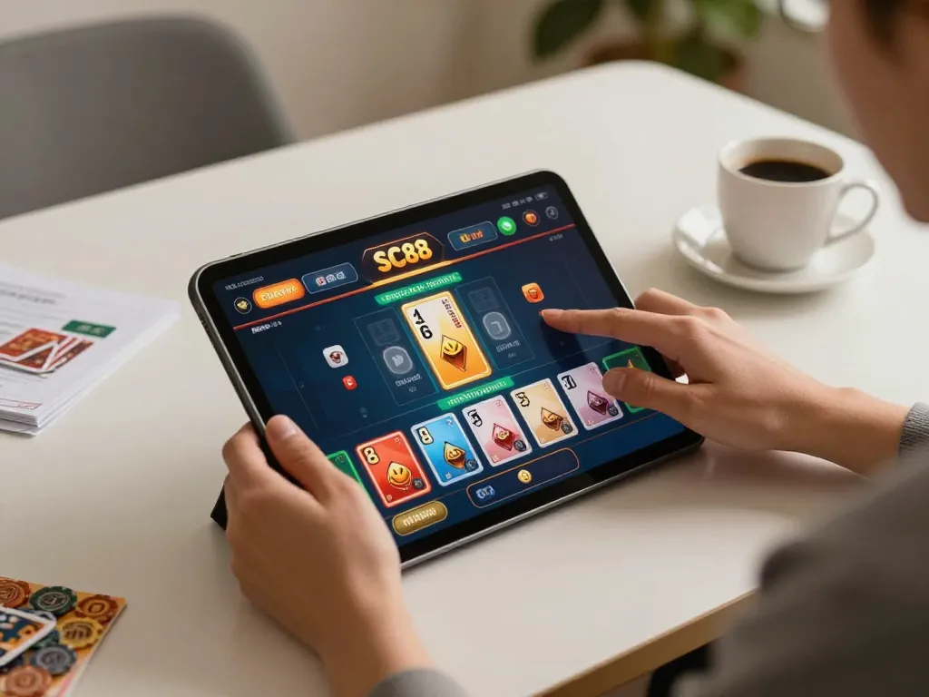 Player exploring SC88's vibrant online casino interface on a tablet, showcasing immersive gameplay.