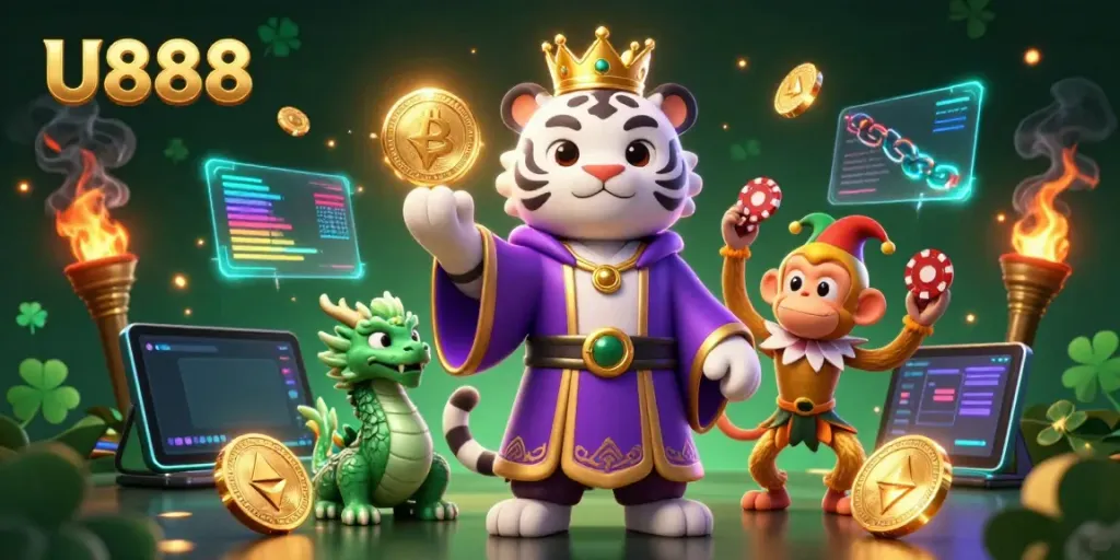 Engage in exciting gameplay at U888 with a 3D scene featuring a majestic tiger, playful monkey, and glowing cryptocurrency coins.