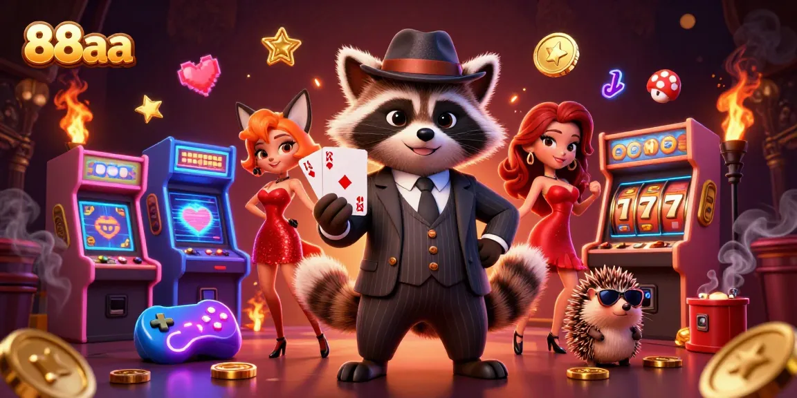Play casino games like slots at 88aa with a charming raccoon character in a vibrant scene.