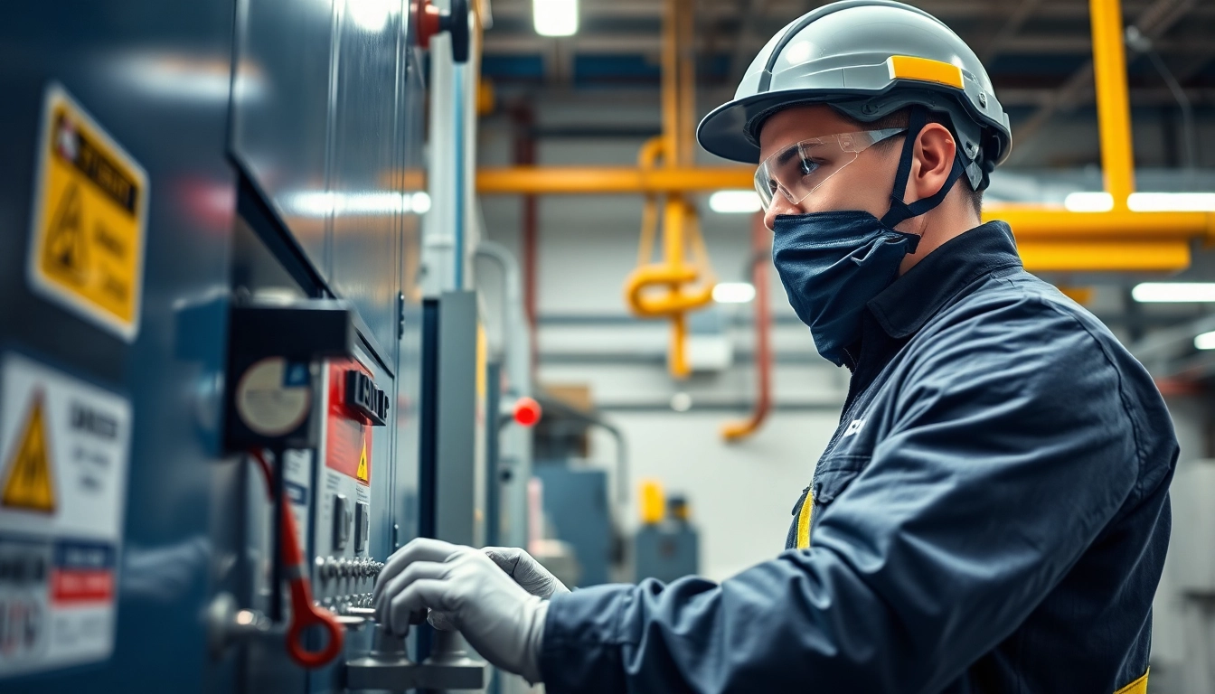 Techniker führt DGUV V3 Prüfung an elektrischen Maschinen durch, fokussiert und professionell.