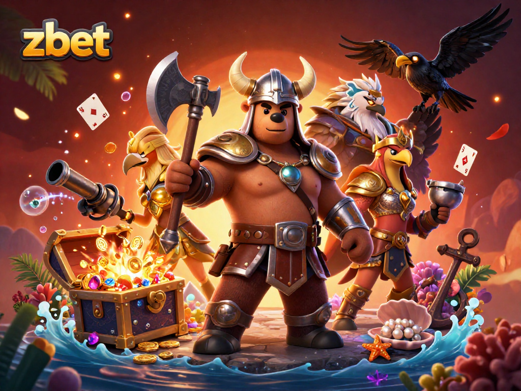 Engage in thrilling casino gaming adventures with zbet's vibrant promotional illustration featuring 3D characters and dynamic treasures.