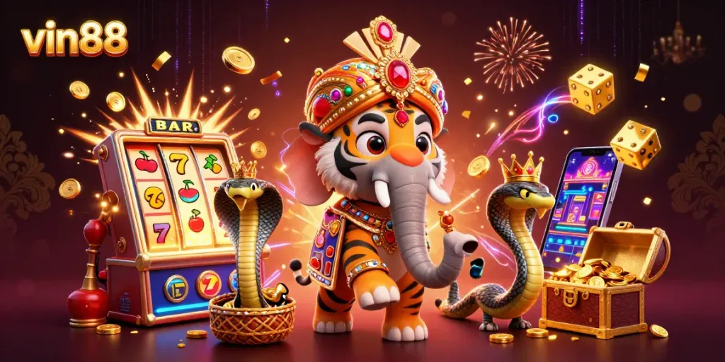 Spin big wins at vin88 with an ultra-detailed 3D casino scene featuring vibrant jackpot excitement.