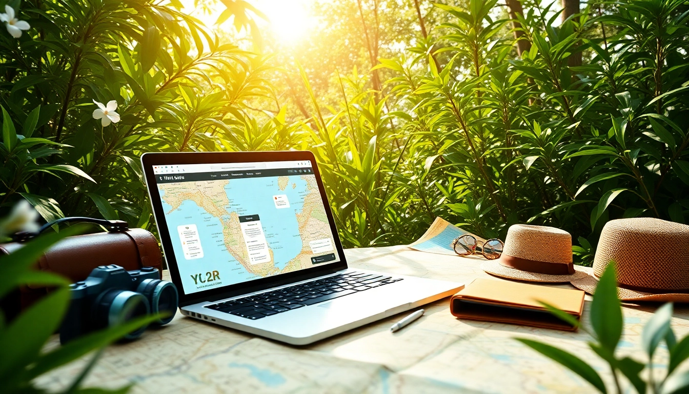 Reiseinformationen auf einem Laptop in einer einladenden Umgebung mit Karten und Reiseutensilien.