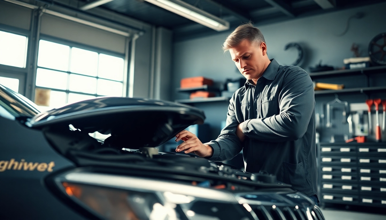 Motorschaden Ankauf bei einer Fahrzeuginspektion von einem Mechaniker mit Werkzeugen im Hintergrund.