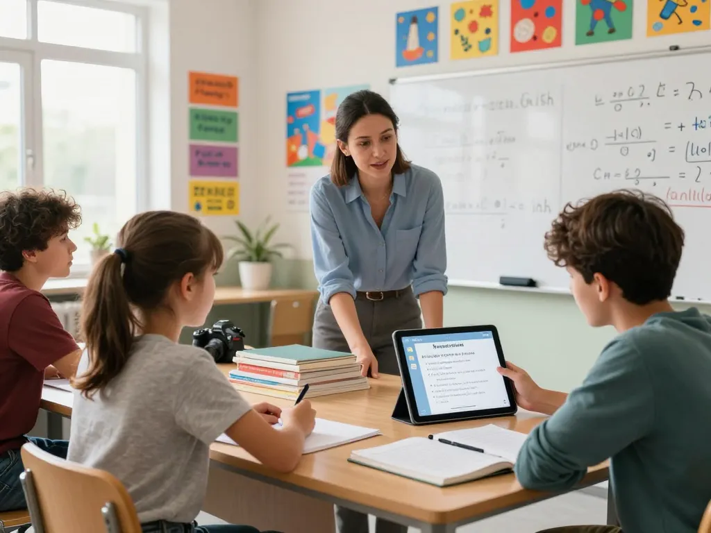 Schüler verwendet einen Hausaufgaben Scanner in einem hellen Klassenzimmer mit ansprechendem Dekor.