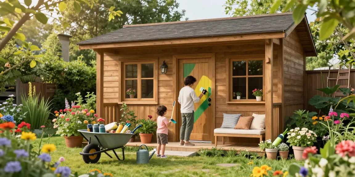 Gartenhäuser aus Holz in einer lebhaften Gartenlandschaft mit einem Maler und spielenden Kindern.