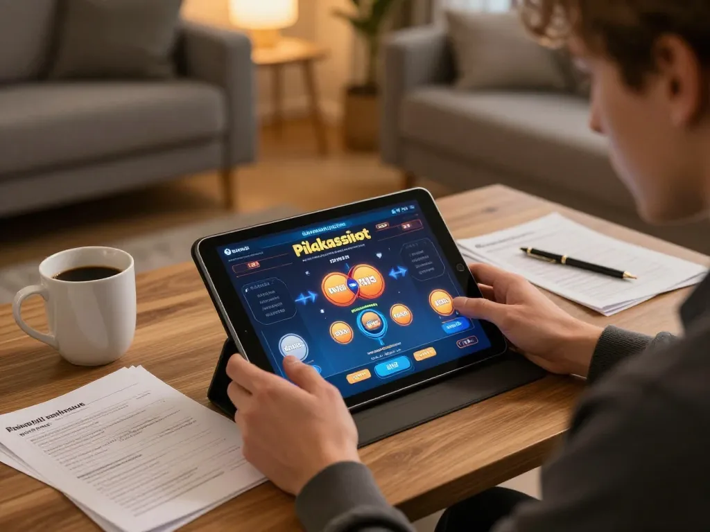 Engagierter Spieler, der finnische pikakasinot auf einem Tablet erkundet und ein strategisches Spielerlebnis in einer gemütlichen Umgebung genießt.