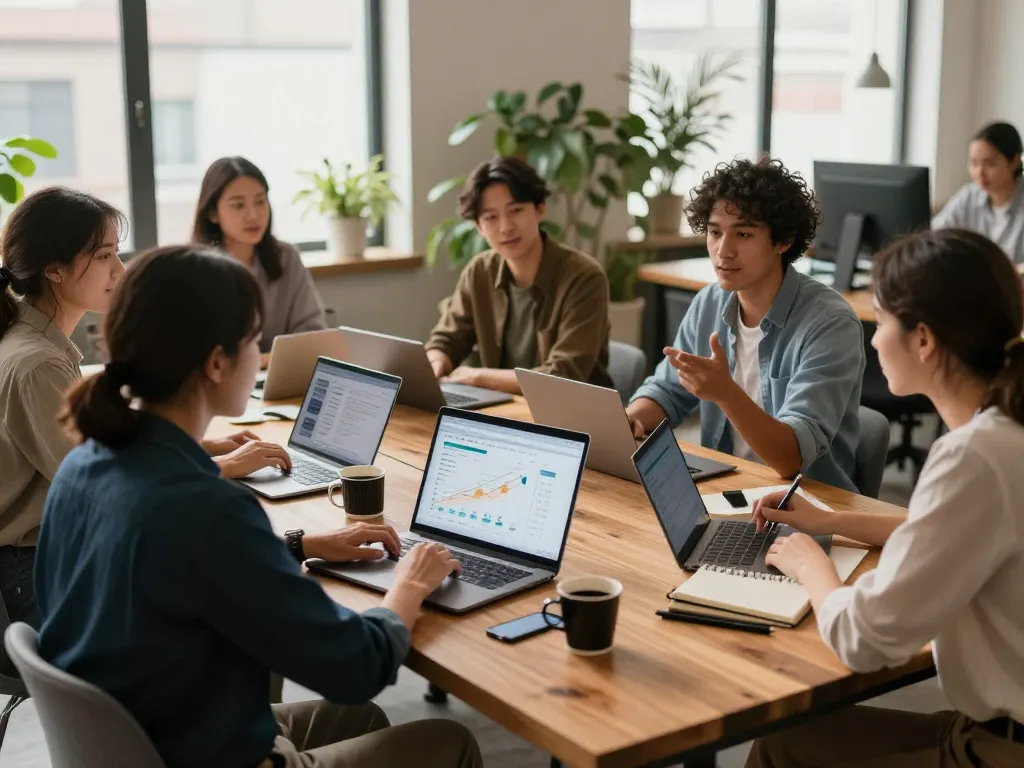 Team arbeitet in einem hellen Büro an innovativen Strategien für Zahlungen der Zukunft.