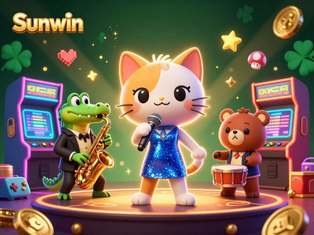 Experience Sunwin's lively gaming atmosphere featuring a jazz-singer cat and vibrant casino elements.