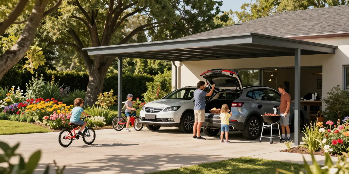 Moderne Carport-Szenario mit Familie und Fahrzeug, sonnige Gartenatmosphäre.