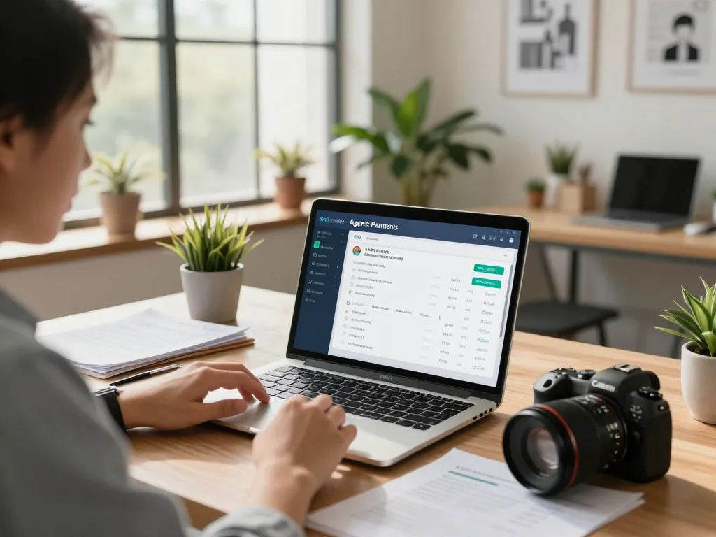 Exploring agentic payments for small businesses in a modern office, showcasing analytics and eco-conscious workspace.